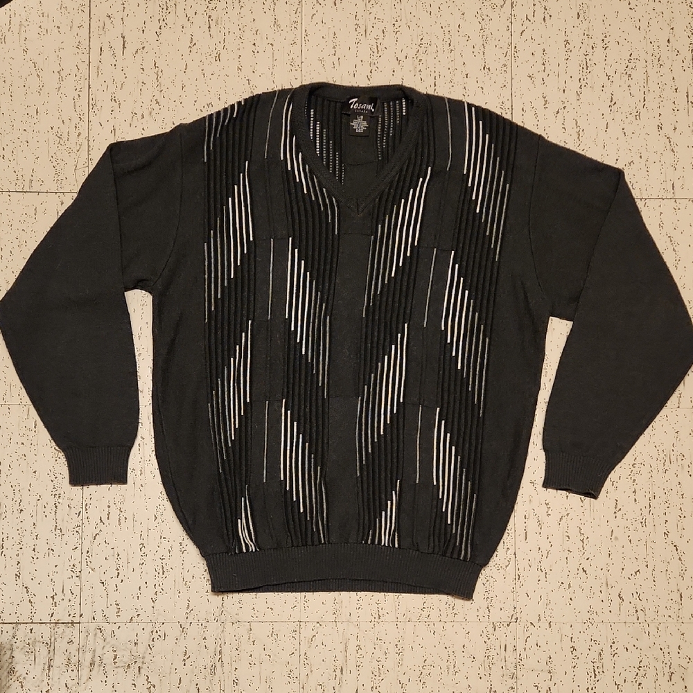 Tosani Knit Textured Coogi Style V-Neck Pullover Sweater Vintage Y2K